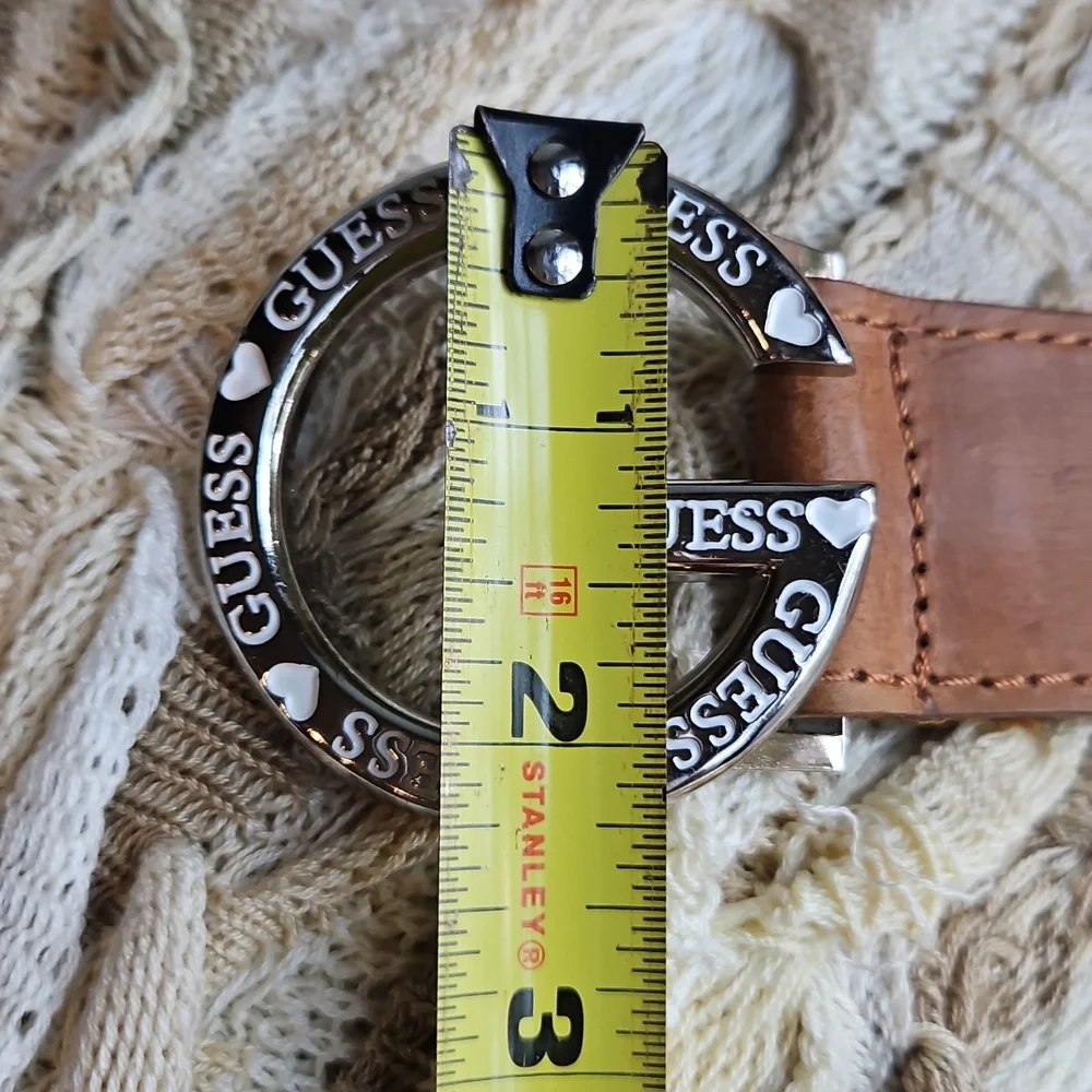Guess Belt Leather Y2K Silver G Buckle with Hearts Brown Strap Size Sm